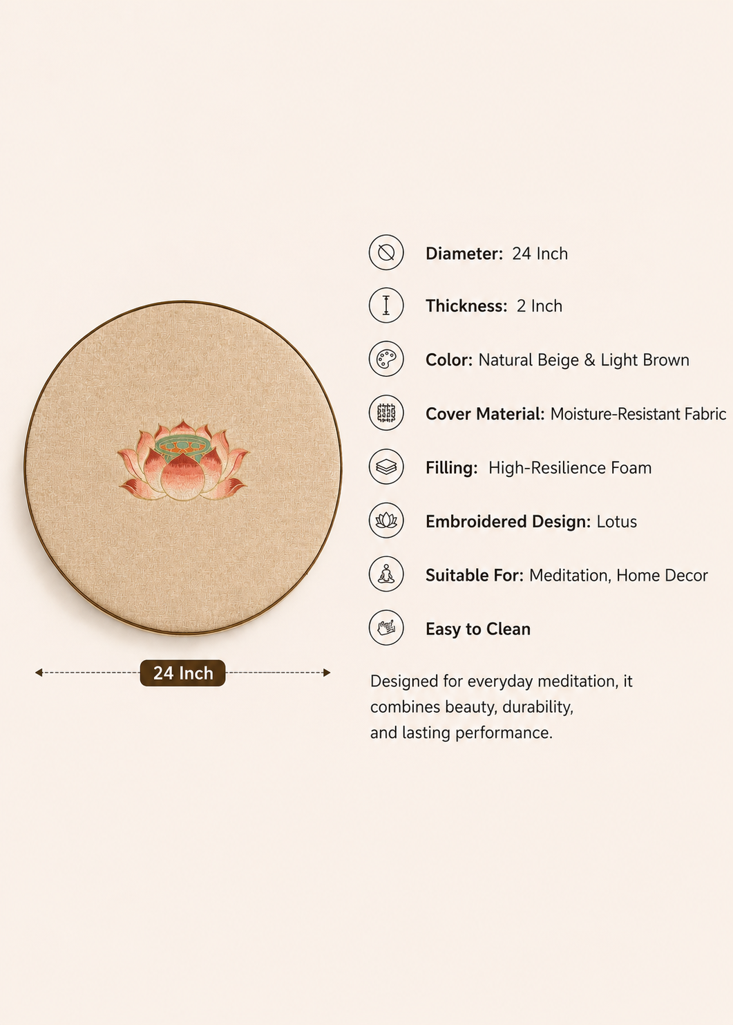 24-Inch Lotus Meditation Cushion (Natural Beige & Light Brown)