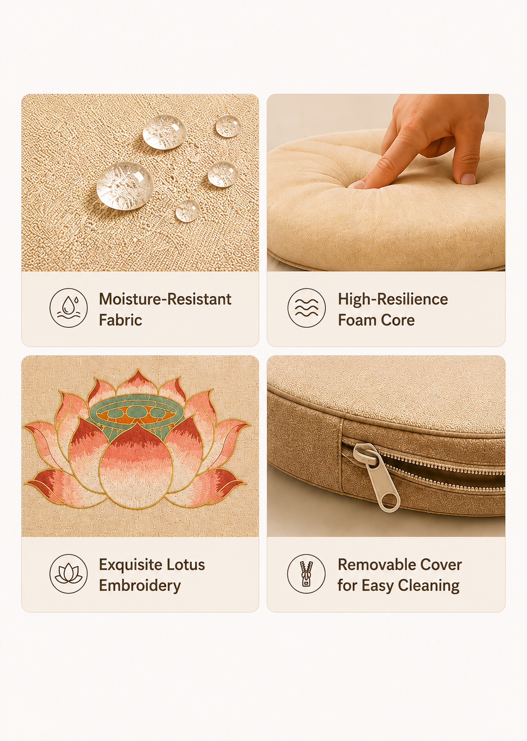 24-Inch Lotus Meditation Cushion (Natural Beige & Light Brown)