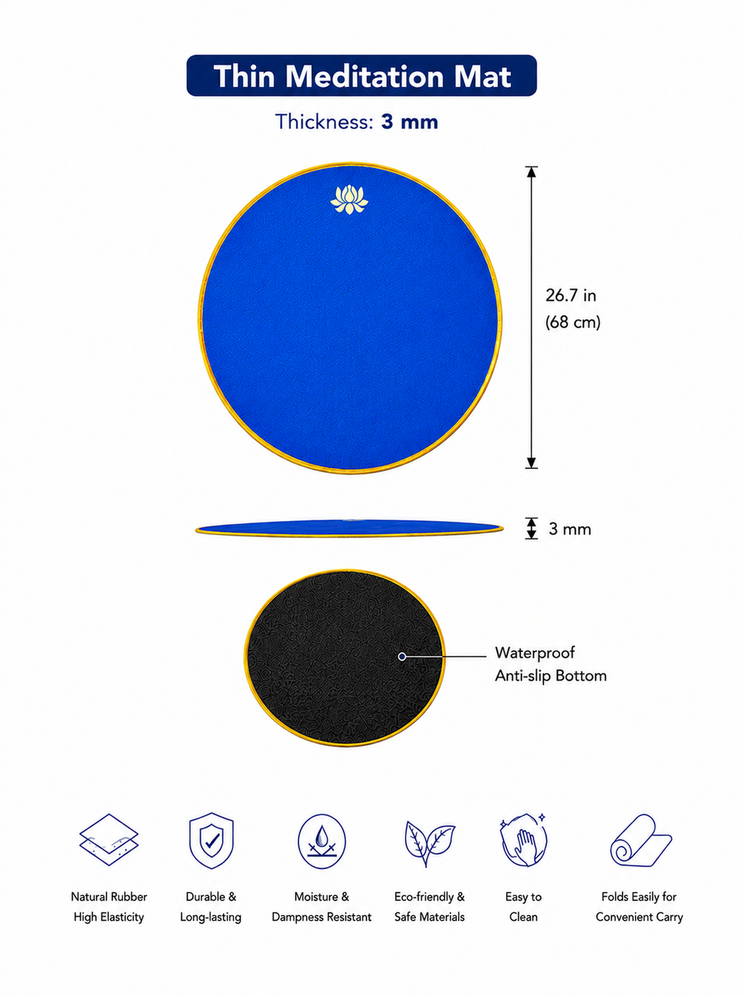 Natural Rubber Meditation Mat, 26.7 inch (thick & thin options)